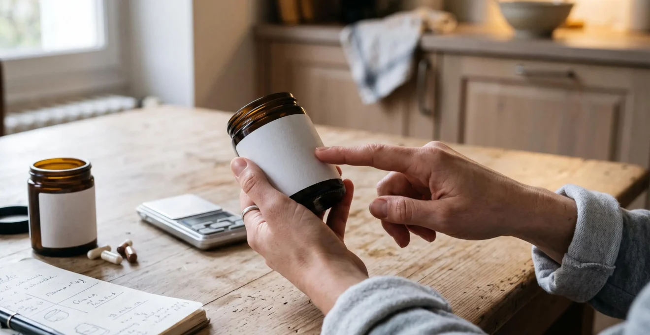 Des mains comparent les étiquettes de deux pots de gélules posés sur une table en bois avec une balance de cuisine et un carnet.